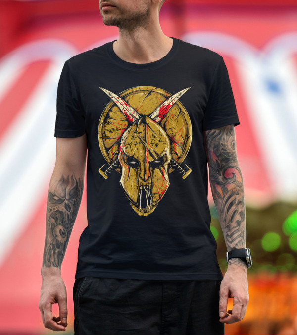 Premium T-Shirt: Skull Spartan Warrior Mask with Bloodied Swords and Shield T-Shirt Skull Spartan Warrior Mask with Bloodied Swords and Shield T-Shirt