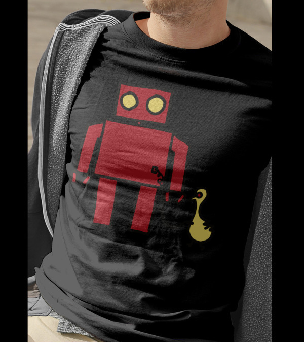 Bird Powered Robot With Red Boxy Character And Yellow Bird Companion T-Shirt