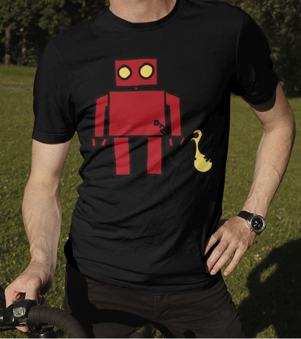 Bird Powered Robot With Red Boxy Character And Yellow Bird Companion T-Shirt