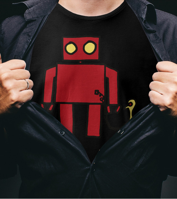 Bird Powered Robot With Red Boxy Character And Yellow Bird Companion T-Shirt