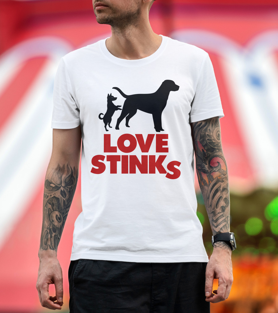 LOVE STINKS Two Dogs Silhouette Black Red Contrast T-Shirt