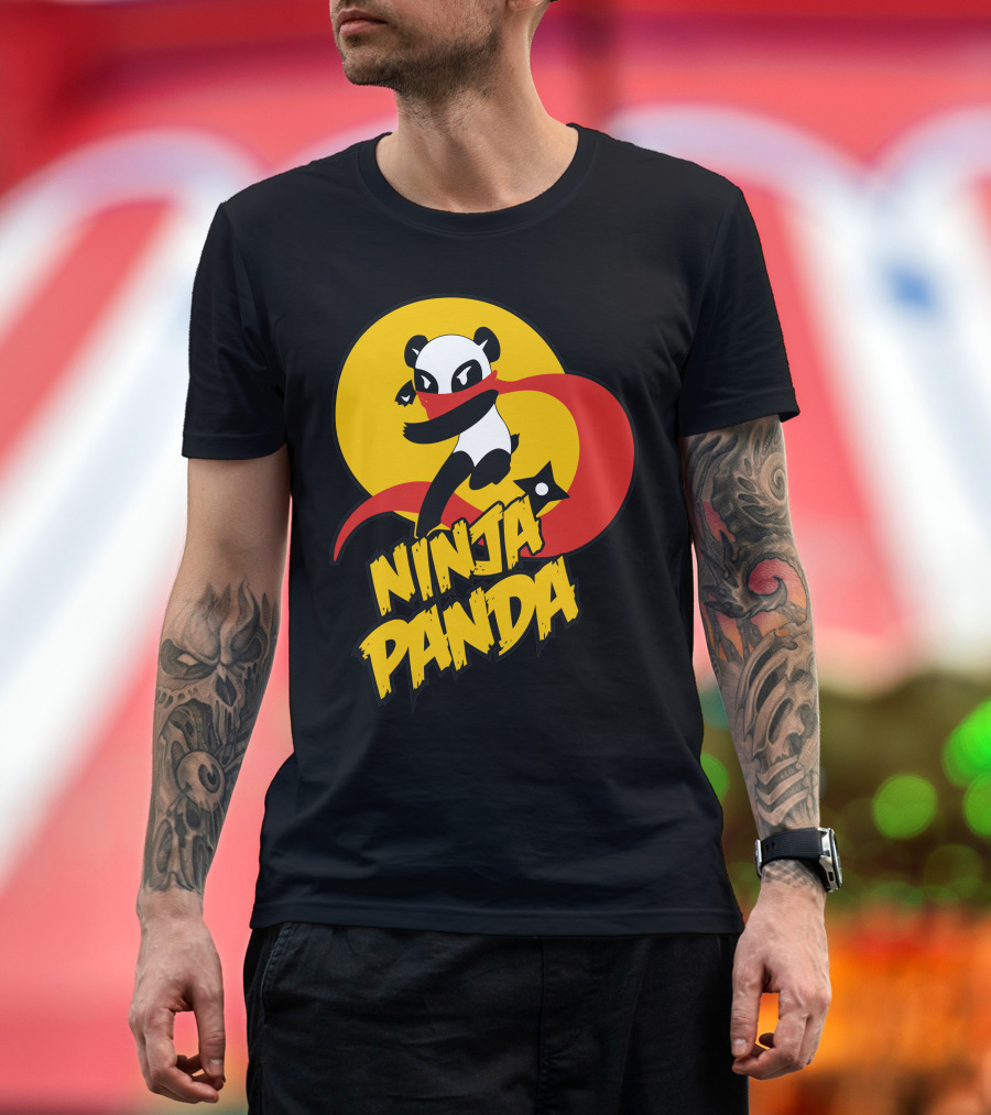 Ninja Panda with Shuriken and Red Scarf in Dynamic Pose T-Shirt