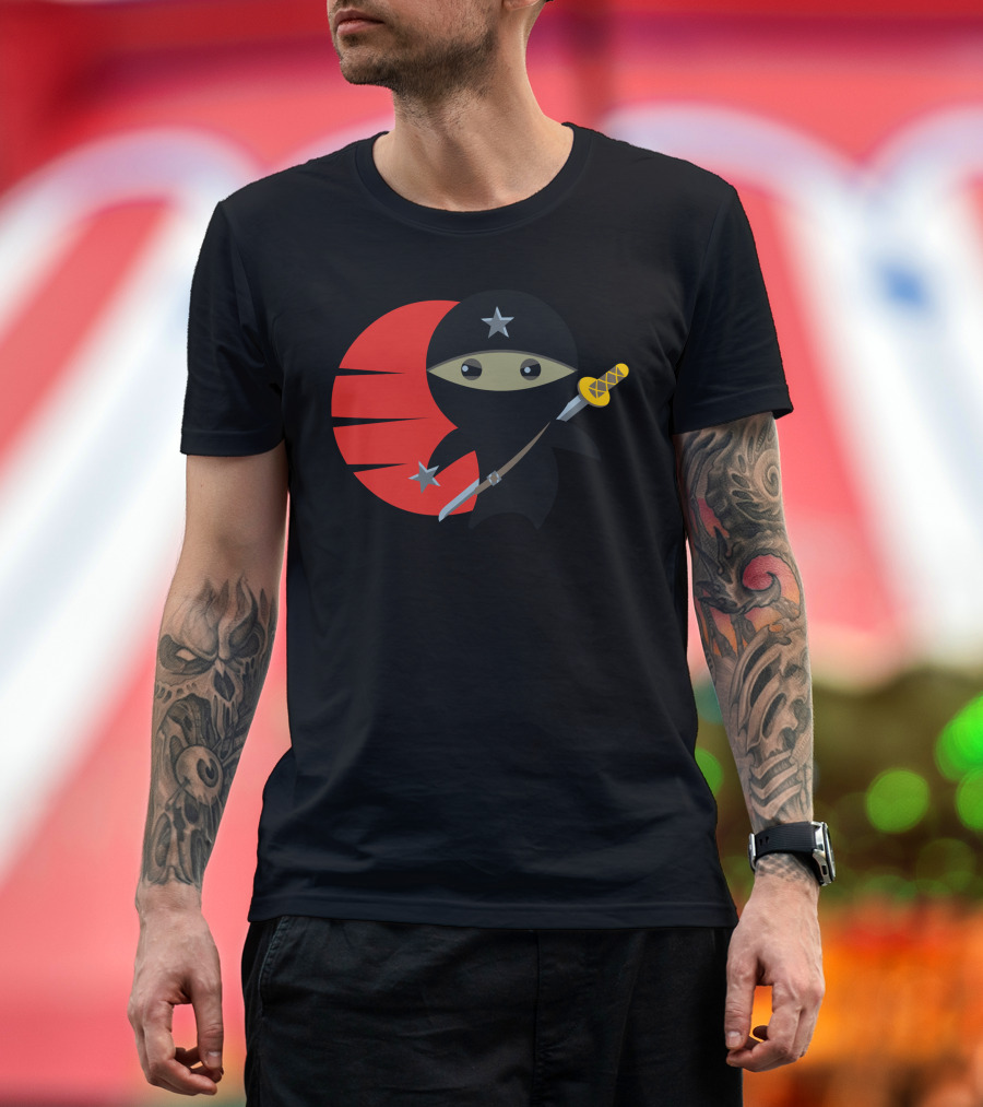 Ninja Star Warrior with Shuriken and Sword in Front of Red Circle T-Shirt