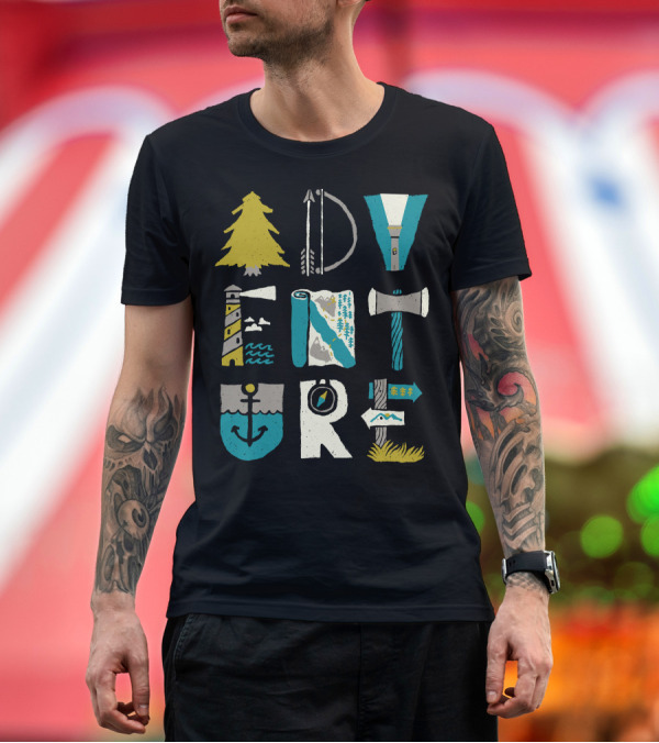 Premium T-Shirt: Adventure Typo Tree Arrow Torch Lighthouse Map Axe Anchor Compass Sign Mountain T-Shirt Adventure Typo Tree Arrow Torch Lighthouse Map Axe Anchor Compass Sign Mountain T-Shirt