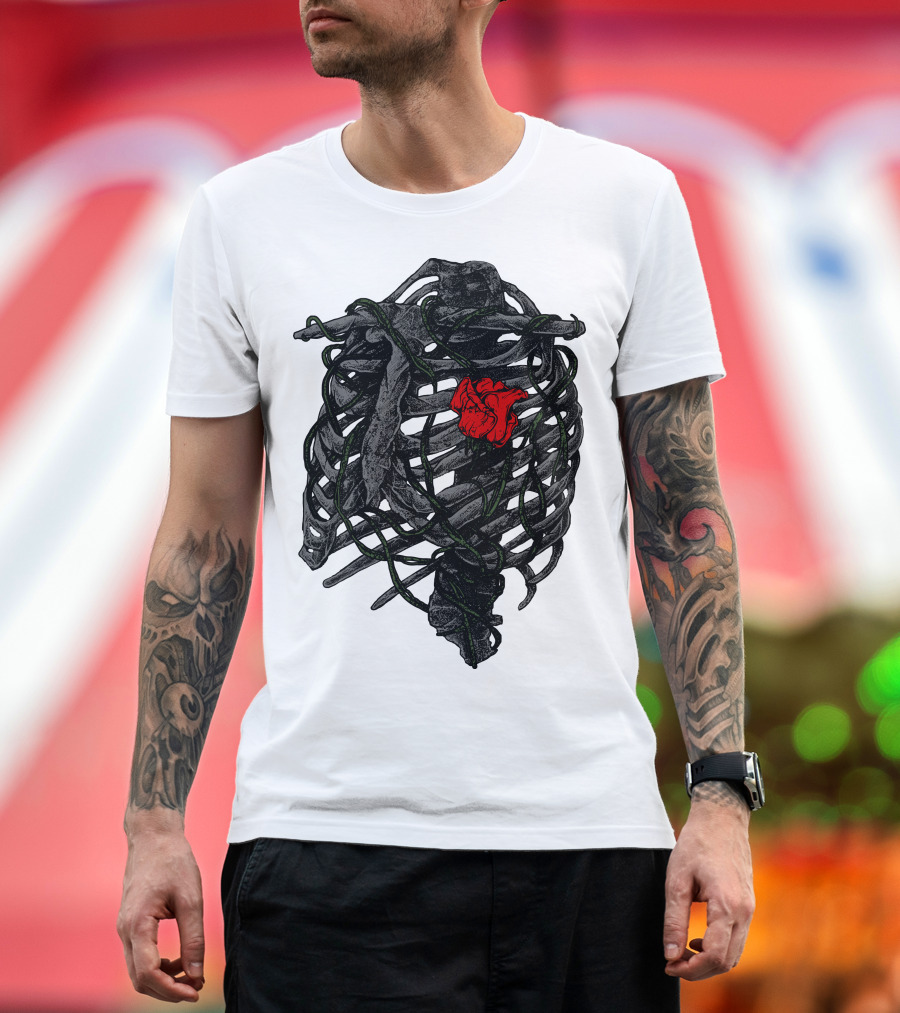 Blossom within Thorny Ribcage with Red Rose and Vines T-Shirt