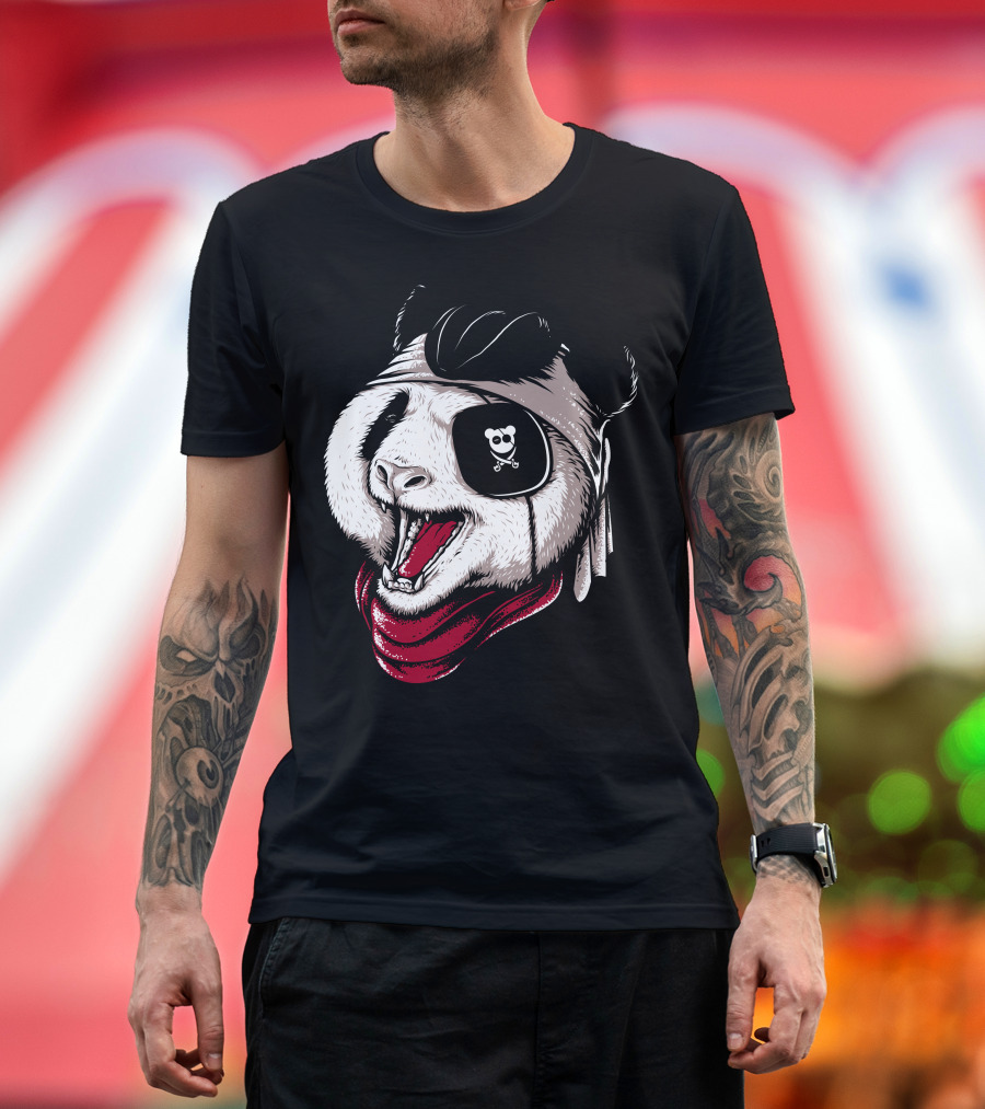Panda Pirate Eyepatch Bandana Crossbones Tongue Out T-Shirt