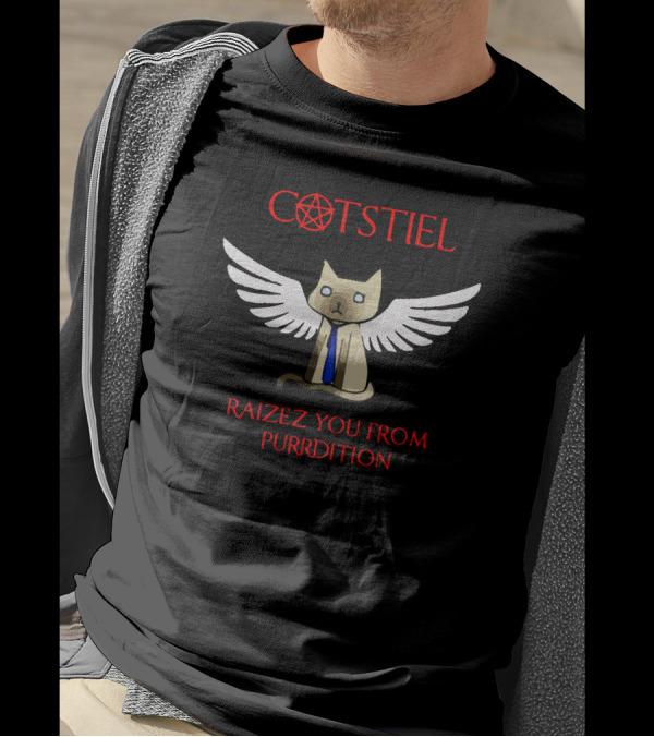 Cotstiel Raizez You From Purrdition Winged Cat With Halo And Tie T-Shirt