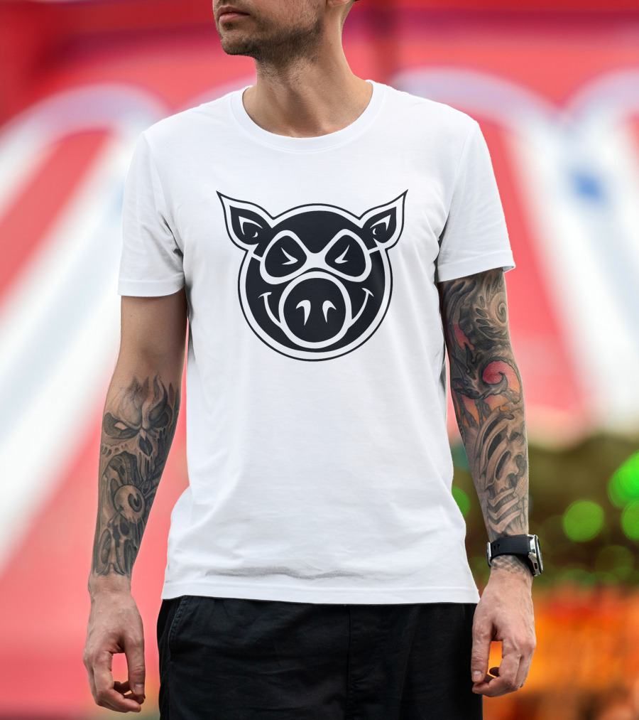 Pig Wheels Smiling Pig Icon Logo Black T-Shirt