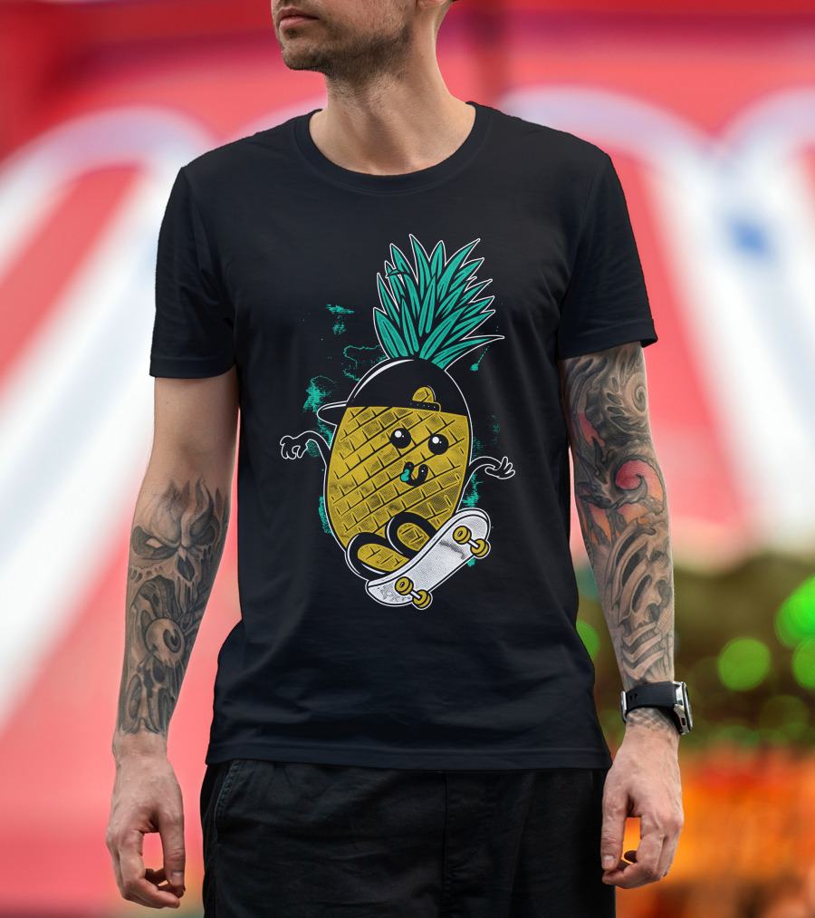 Pineapple Skateboarder with Cap and Cool Expression T-Shirt