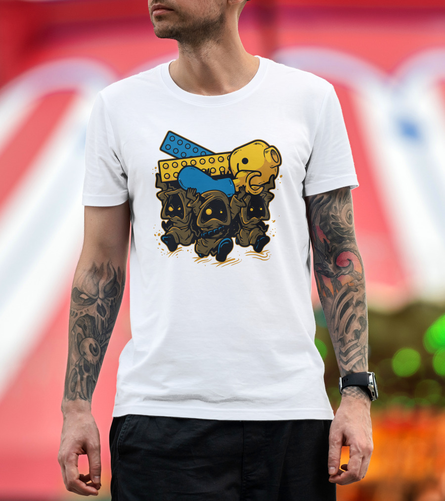 Jawas Carrying Space Debris LEGO Brick and Yellow Helmet T-Shirt