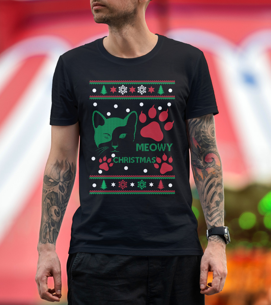 Meowy Christmas Cat Paw Snowflakes Trees Stars T-Shirt