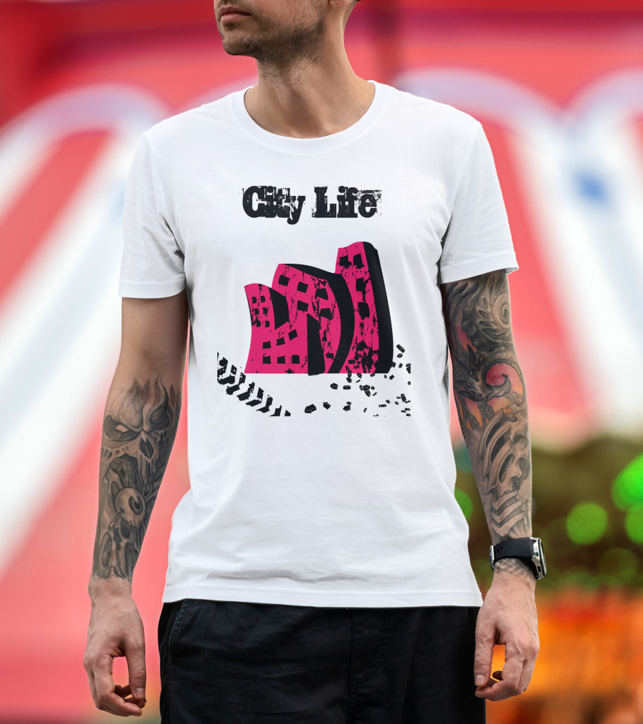 City Life Urban Building Graphic with Tire Track Elements T-Shirt