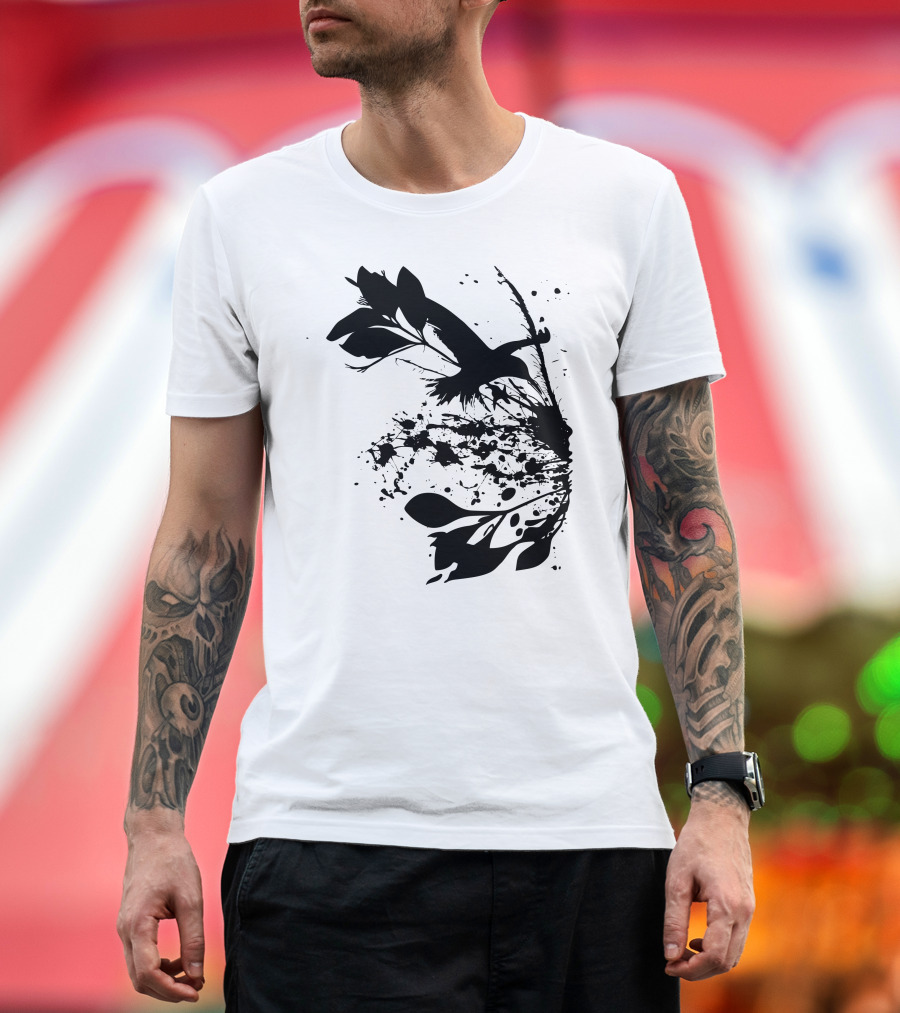 Natures Matter Black Splatter Bird and Leaves T-Shirt