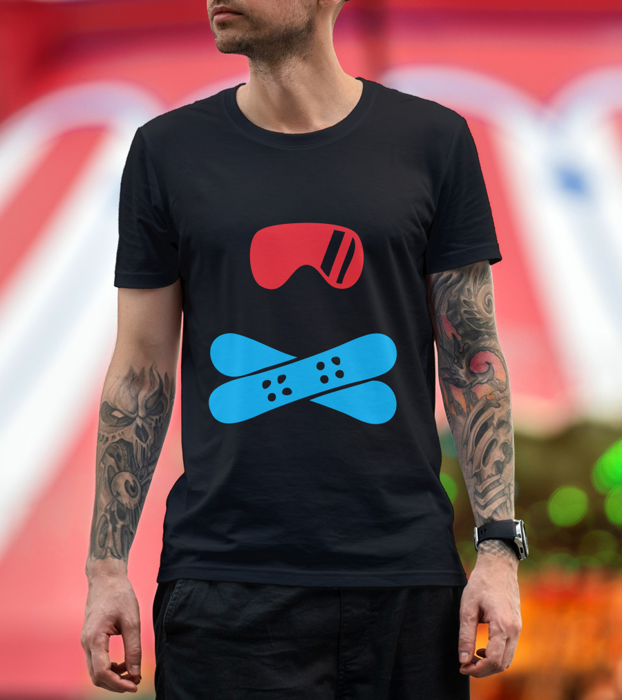 Skull with Snowboard Red Goggles Crossed Blue Snowboards T-Shirt