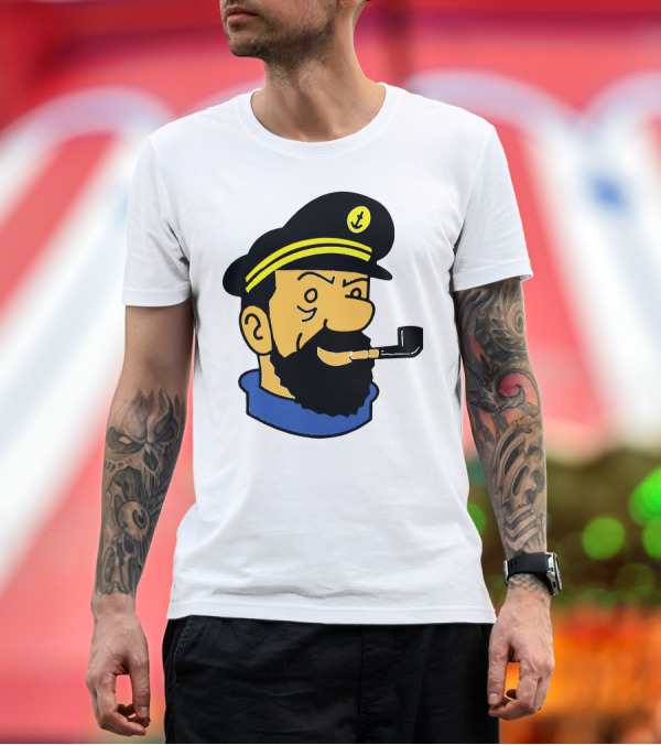 Premium T-Shirt: Captain Haddock Pipe Anchor Hat Tintin Cartoon Comic Character T-Shirt Captain Haddock Pipe Anchor Hat Tintin Cartoon Comic Character T-Shirt