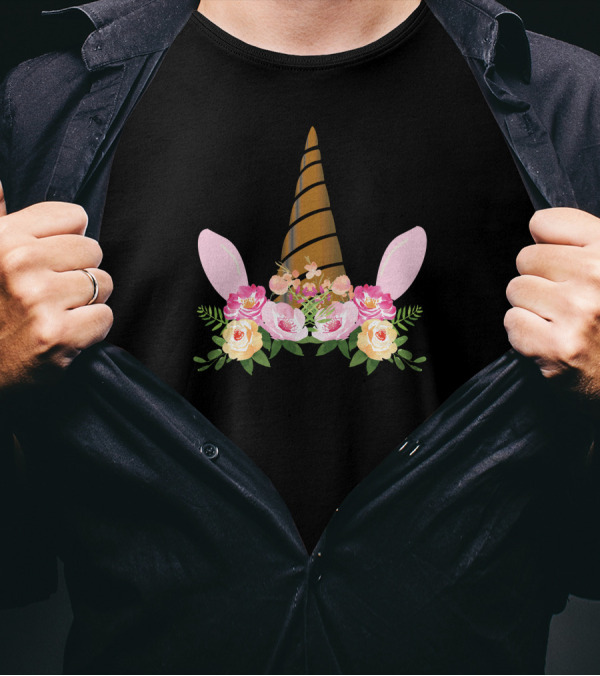 Bohemian Cute Magical Boho Unicorn Face With Floral Crown T-Shirt