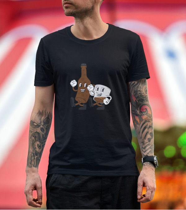 Premium T-Shirt: Liquor Lads Bottle and Glass Cartoon Characters T-Shirt Liquor Lads Bottle and Glass Cartoon Characters T-Shirt