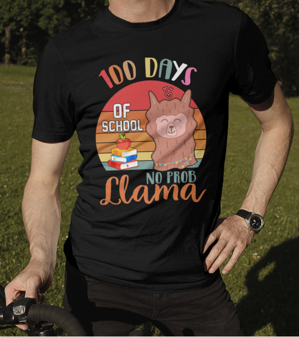100 Days Of School No Probllama Llama Retro Style With Books And Apple T-Shirt