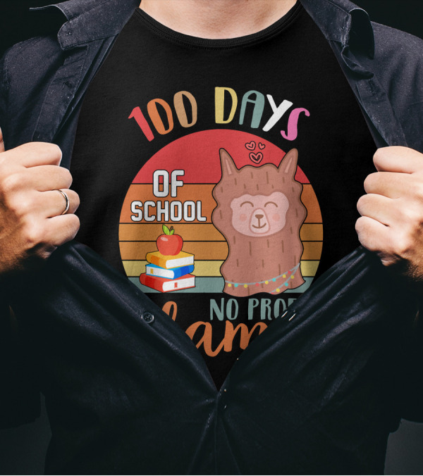 100 Days Of School No Probllama Llama Retro Style With Books And Apple T-Shirt