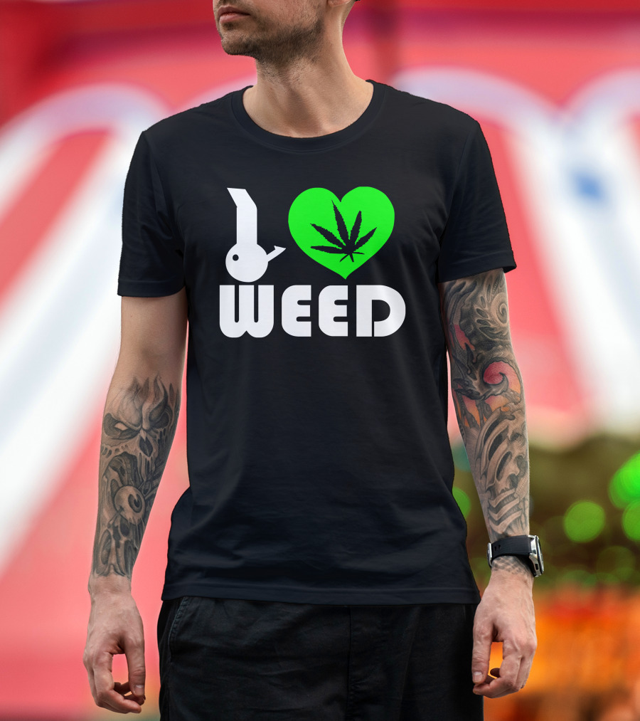 I Love Weed Green Heart Leaf T-Shirt