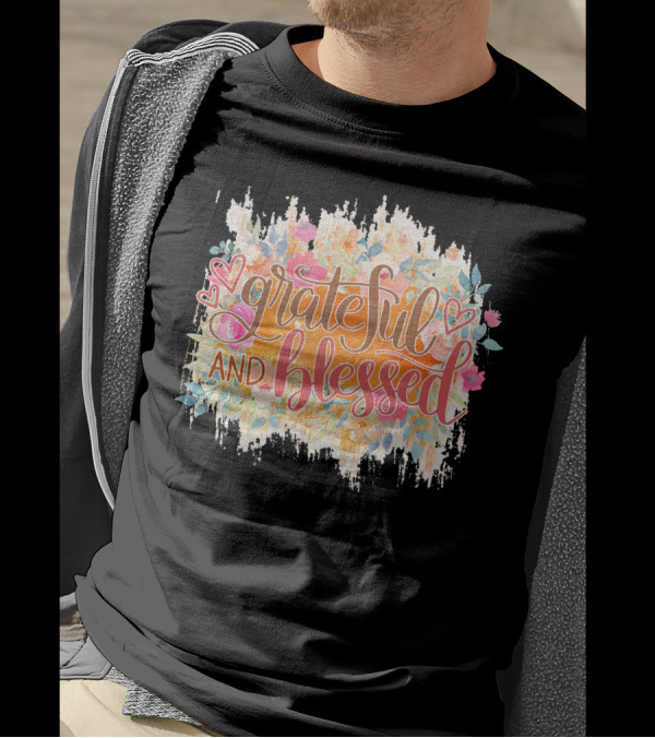 Grateful And Blessed Floral Hearts Motif T-Shirt