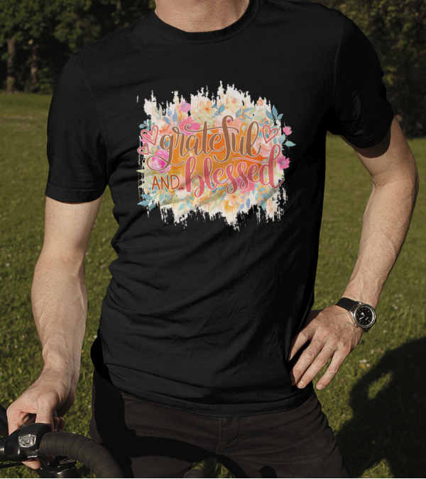 Grateful And Blessed Floral Hearts Motif T-Shirt