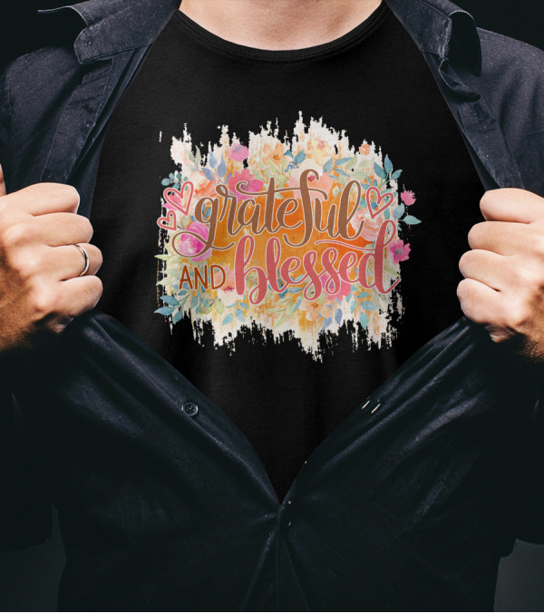Grateful And Blessed Floral Hearts Motif T-Shirt