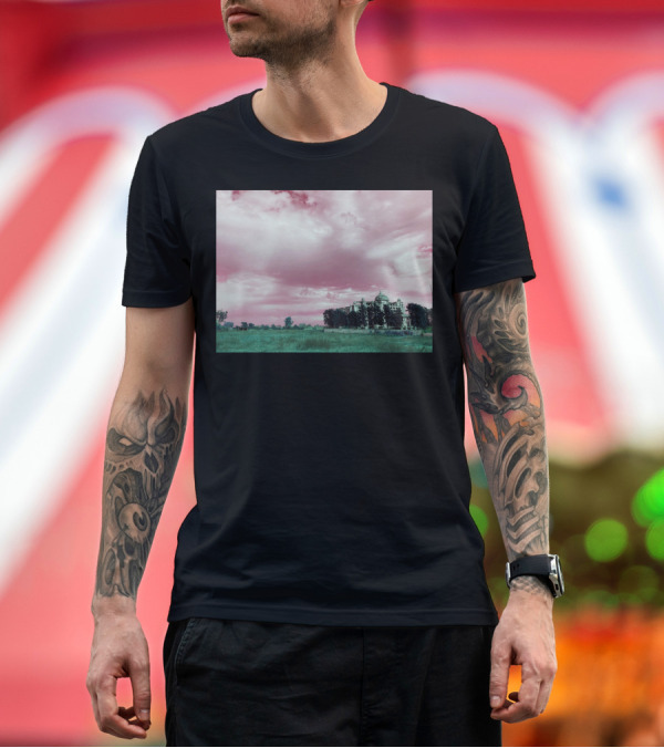 Premium T-Shirt: Pink Sky Over Majestic Building and Lush Green Landscape T-Shirt Pink Sky Over Majestic Building and Lush Green Landscape T-Shirt