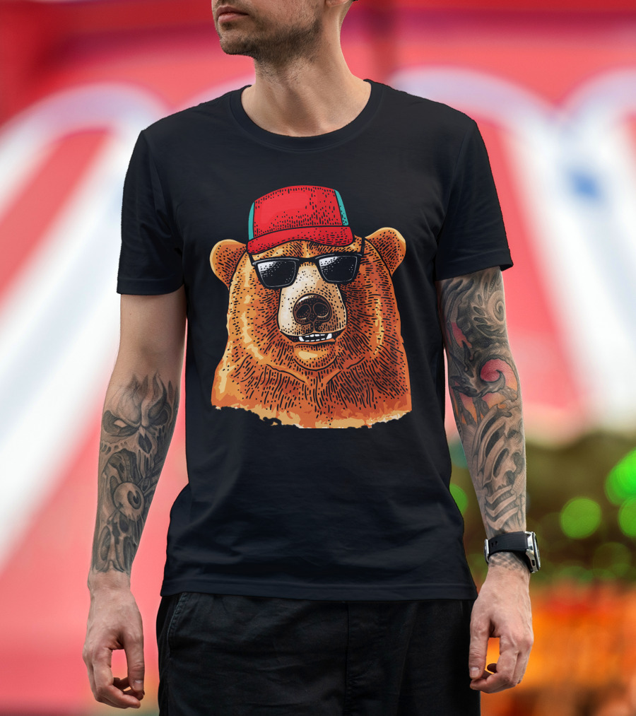 Bear with Red Baseball Cap and Sunglasses T-Shirt