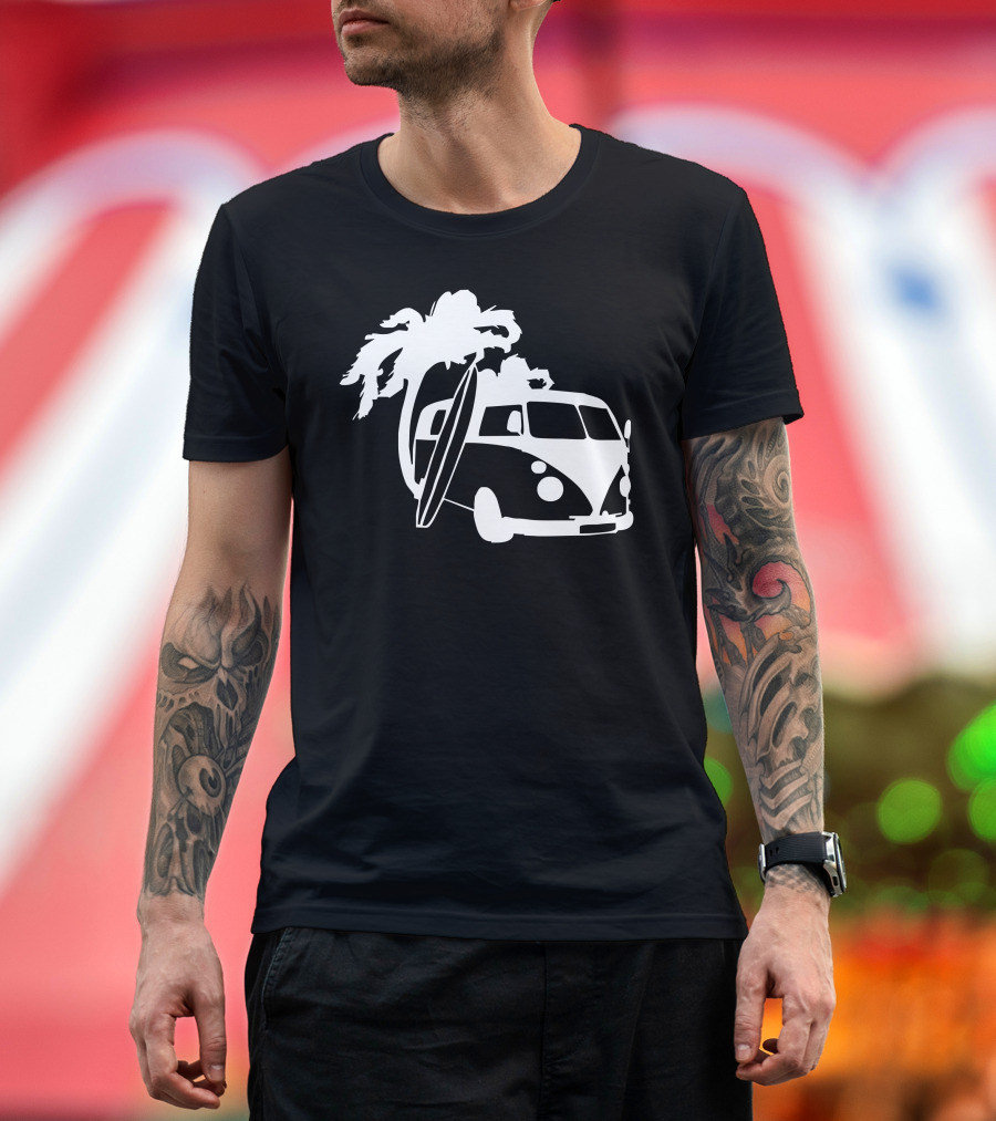 Camper Van Surf Split Palm Tree Surfboard Vintage Vibe T-Shirt