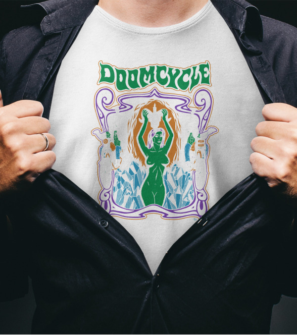 Doomcycle Mattwilkins Biker Fantasy Woman With Skulls And Motorcycles T-Shirt