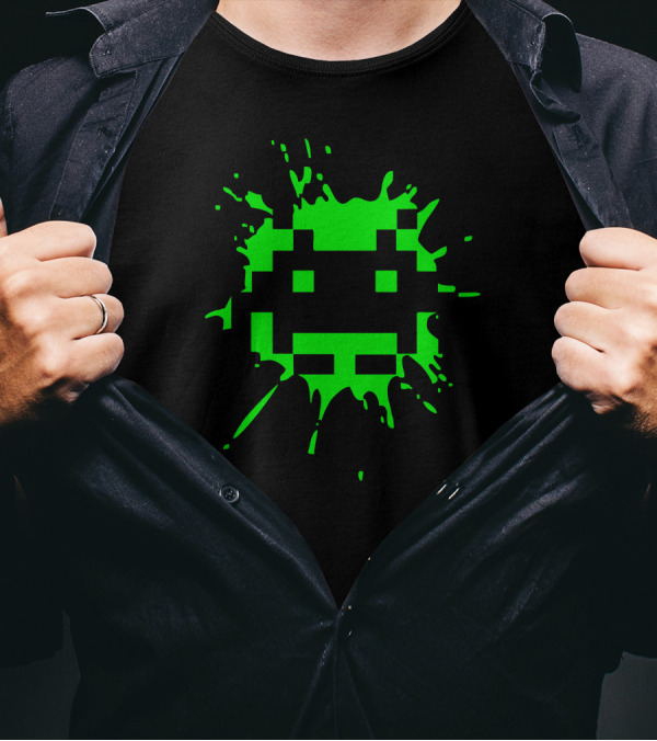Space Invader 2 Green Pixel Splat Alien T-Shirt