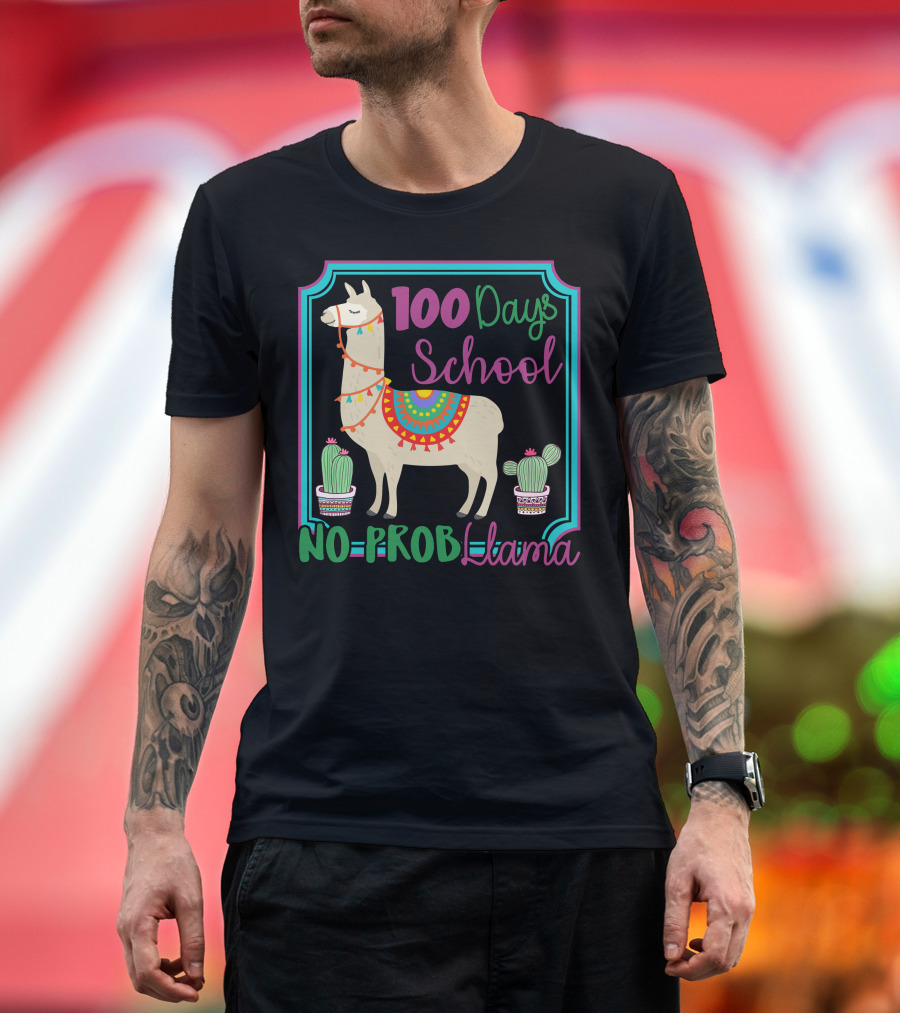 100 Days School No Probllama Colorful Llama With Cactus T-Shirt