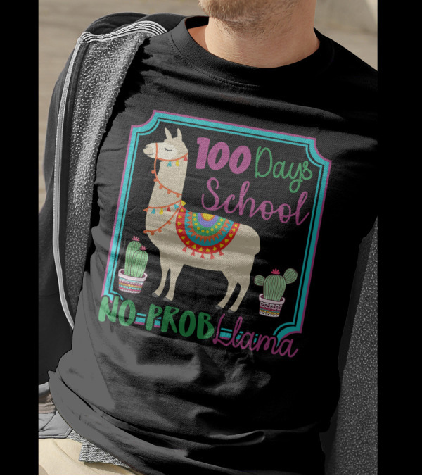 100 Days School No Probllama Colorful Llama With Cactus T-Shirt