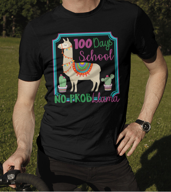 100 Days School No Probllama Colorful Llama With Cactus T-Shirt