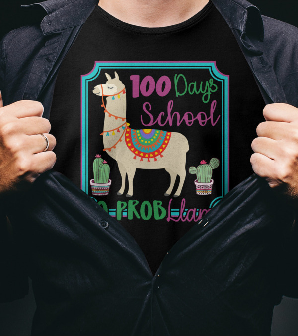 100 Days School No Probllama Colorful Llama With Cactus T-Shirt