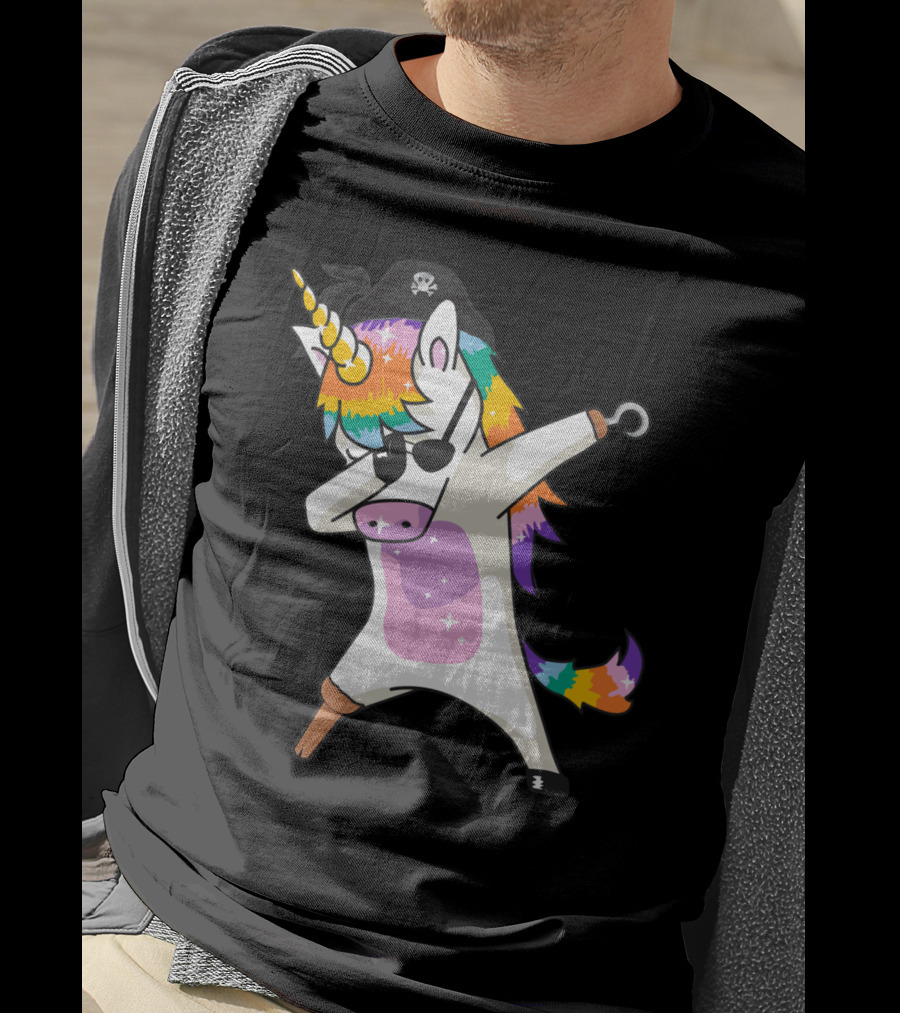 Dabbing Unicorn Pirate With Rainbow Mane Wearing Eyepatch And Pirate Hat T-Shirt