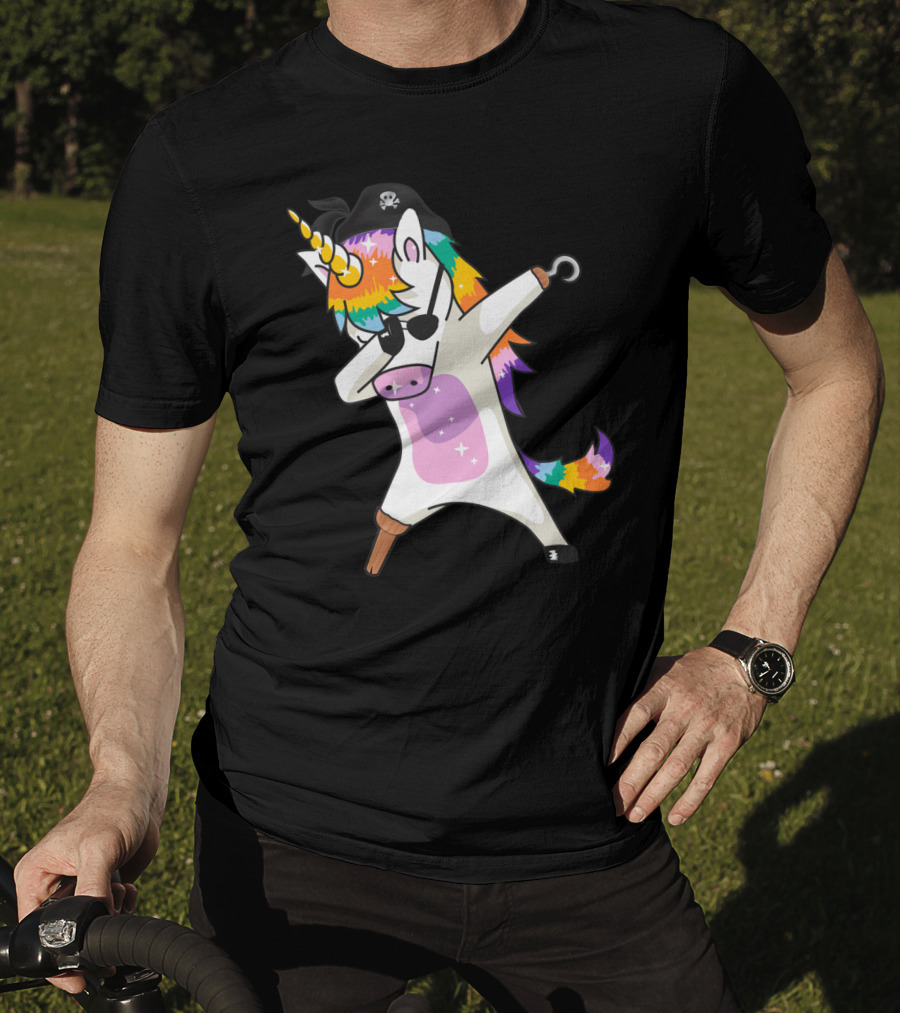 Dabbing Unicorn Pirate With Rainbow Mane Wearing Eyepatch And Pirate Hat T-Shirt