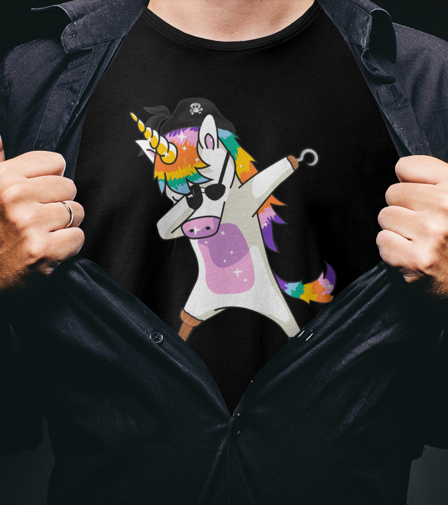 Dabbing Unicorn Pirate With Rainbow Mane Wearing Eyepatch And Pirate Hat T-Shirt