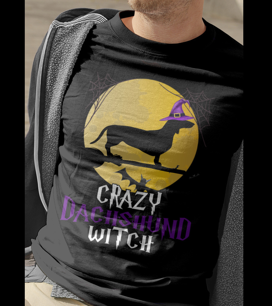 Crazy Dachshund Witch Dog Halloween Moon Silhouette With Broomstick And Purple Hat T-Shirt