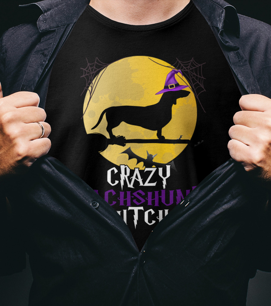 Crazy Dachshund Witch Dog Halloween Moon Silhouette With Broomstick And Purple Hat T-Shirt