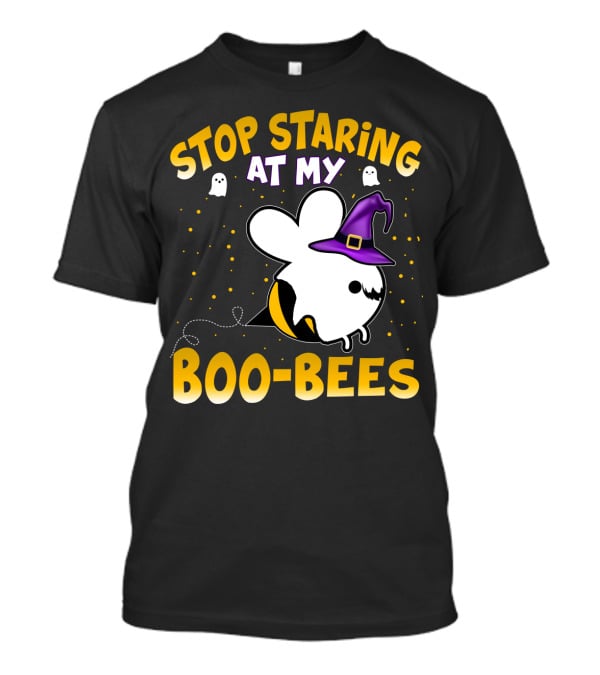 Stop Staring At My Boo Bees Halloween Ghost Bees With Witch Hat And Yellow Dots T-Shirt