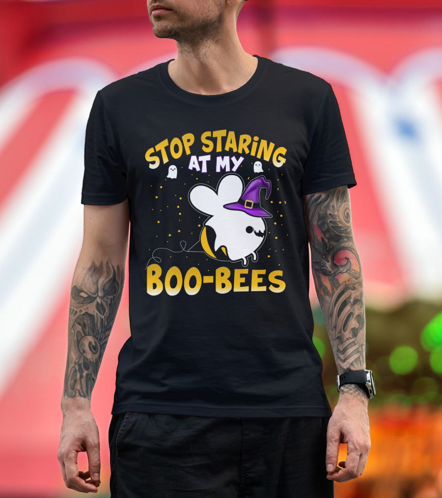 Stop Staring At My Boo Bees Halloween Ghost Bees with Witch Hat and Yellow Dots T-Shirt
