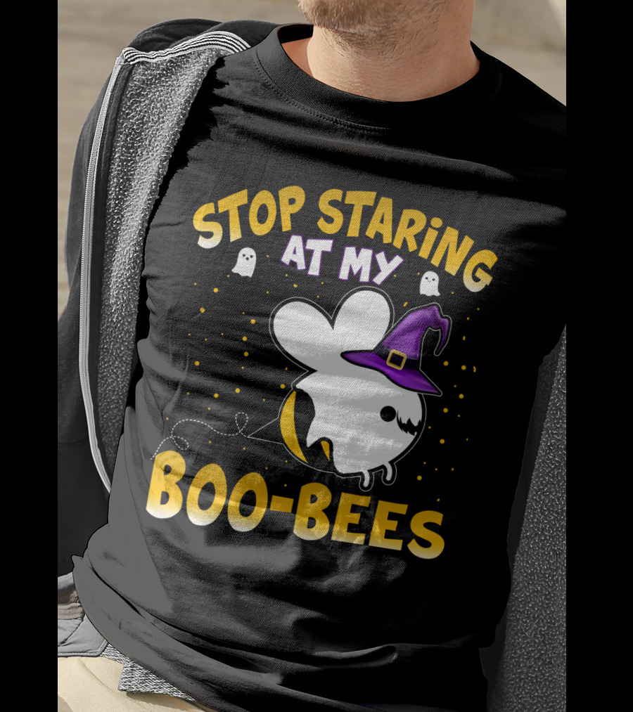Stop Staring At My Boo Bees Halloween Ghost Bees With Witch Hat And Yellow Dots T-Shirt