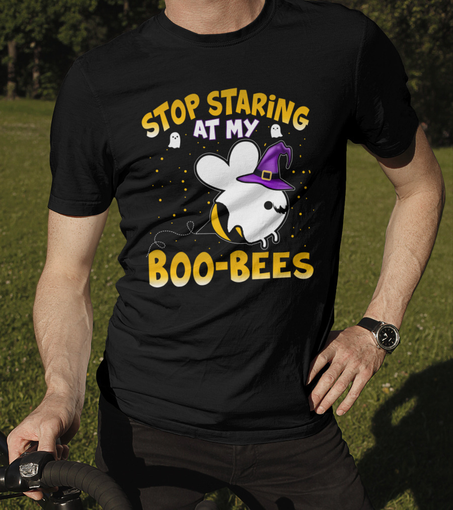 Stop Staring At My Boo Bees Halloween Ghost Bees With Witch Hat And Yellow Dots T-Shirt