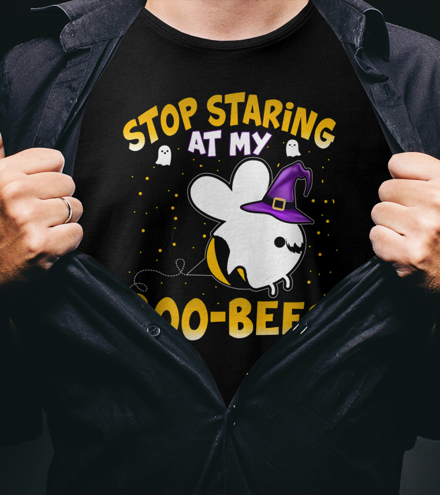 Stop Staring At My Boo Bees Halloween Ghost Bees With Witch Hat And Yellow Dots T-Shirt