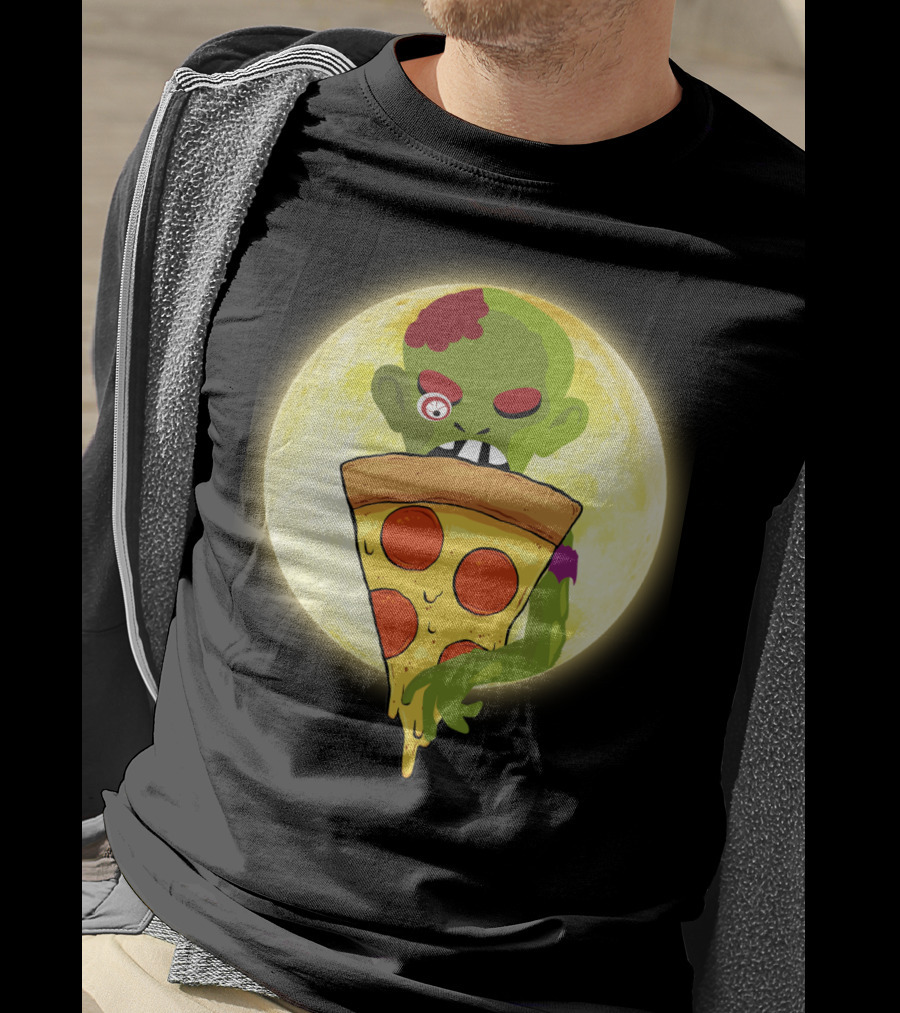 Zombie Eating Pepperoni Pizza Under Full Moon T-Shirt