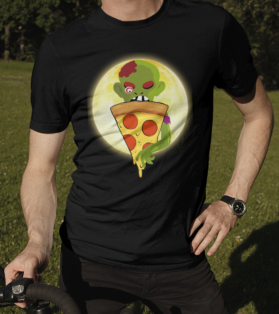 Zombie Eating Pepperoni Pizza Under Full Moon T-Shirt