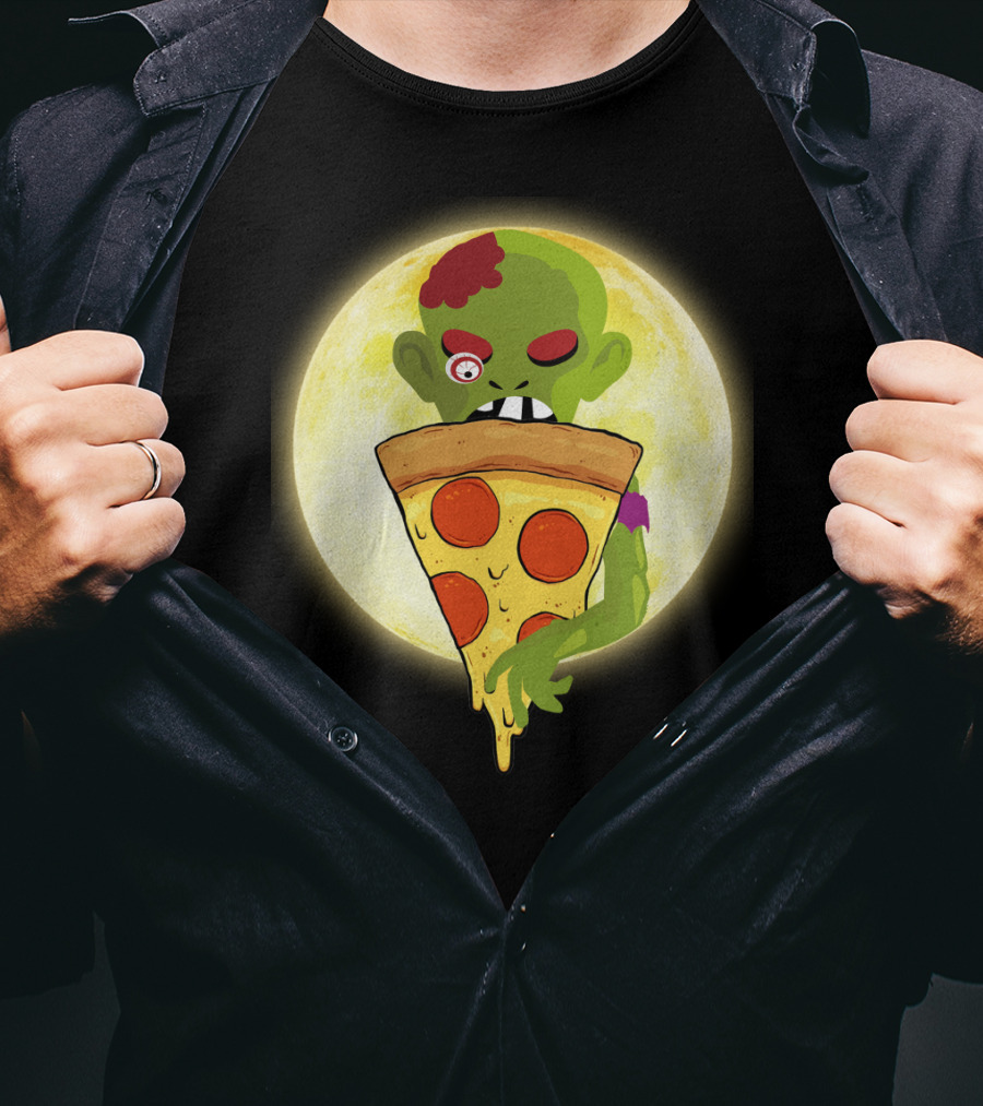 Zombie Eating Pepperoni Pizza Under Full Moon T-Shirt