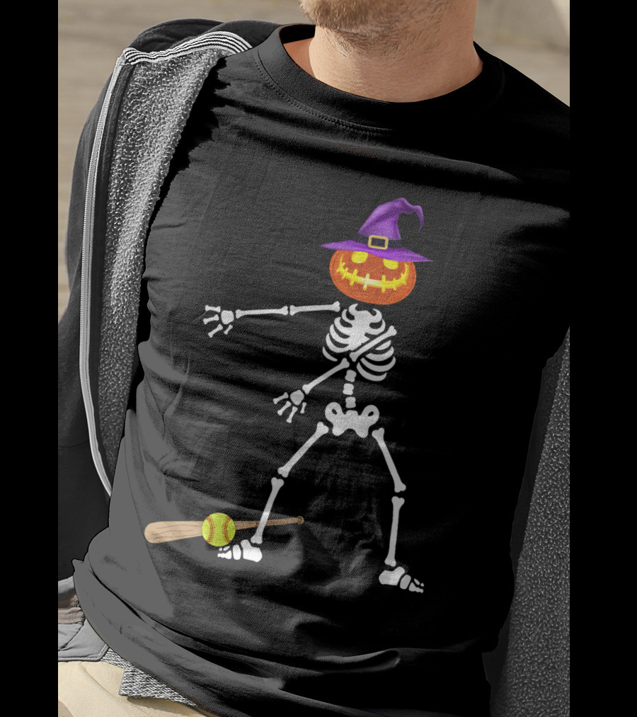 Skeleton Pumpkin Witch Performing Floss Dance With Softball Bat T-Shirt